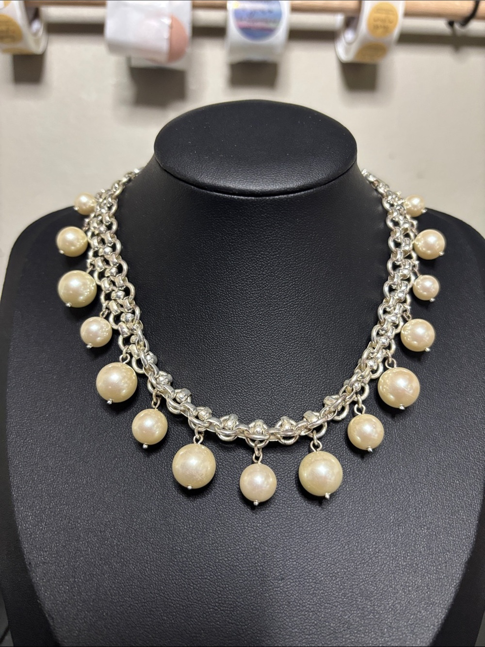 Cookie Lee Silver-Tone Pearl Drop Necklace - Cream Pearl Charm Statement